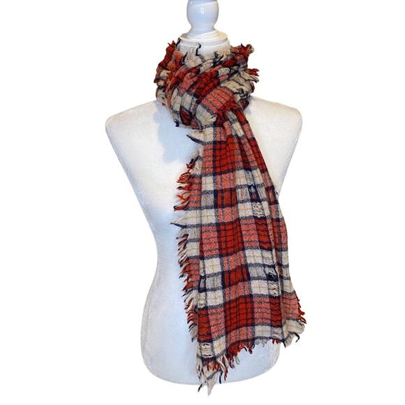 Plaid‎ Scarf in Red Black & Cream. Grunge Style with Holes Strategically Placed - Picture 1 of 7